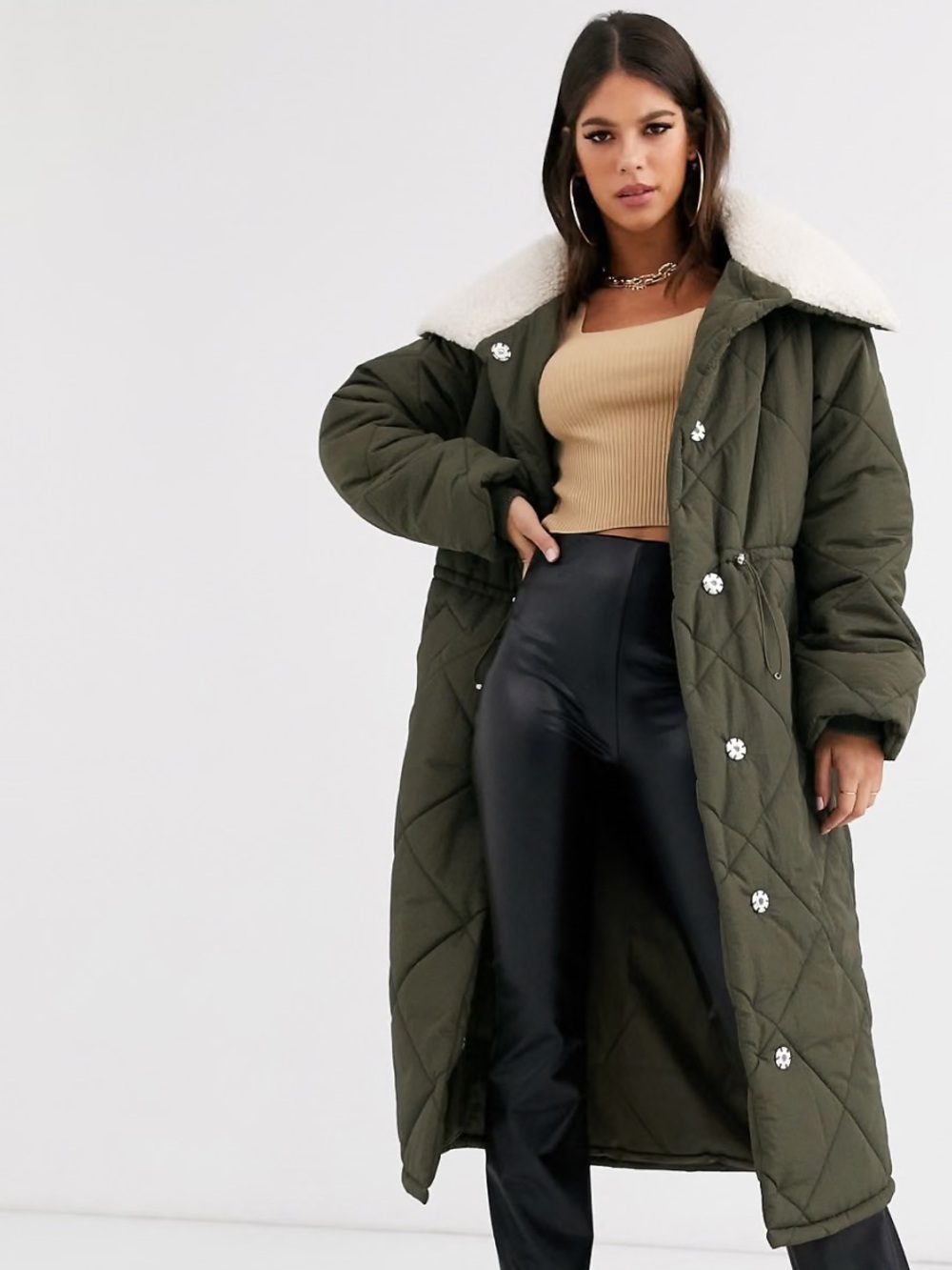 NWT ASOS DESIGN Tall quilted maxi puffer coat with fleece collar in khaki